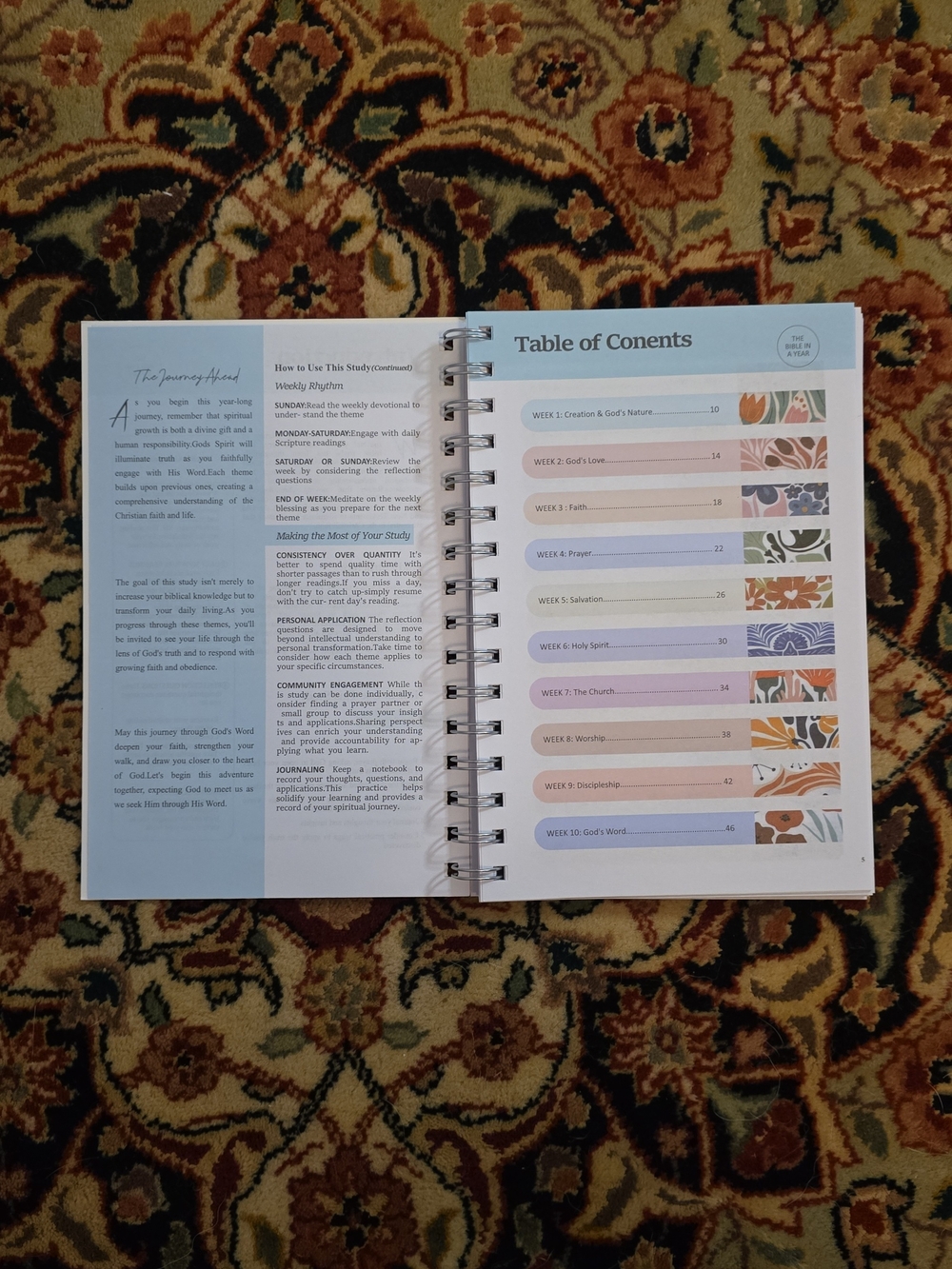The Bible In A Year Spiral Journal - Floral Pink & Teal - Picture 4 of 4